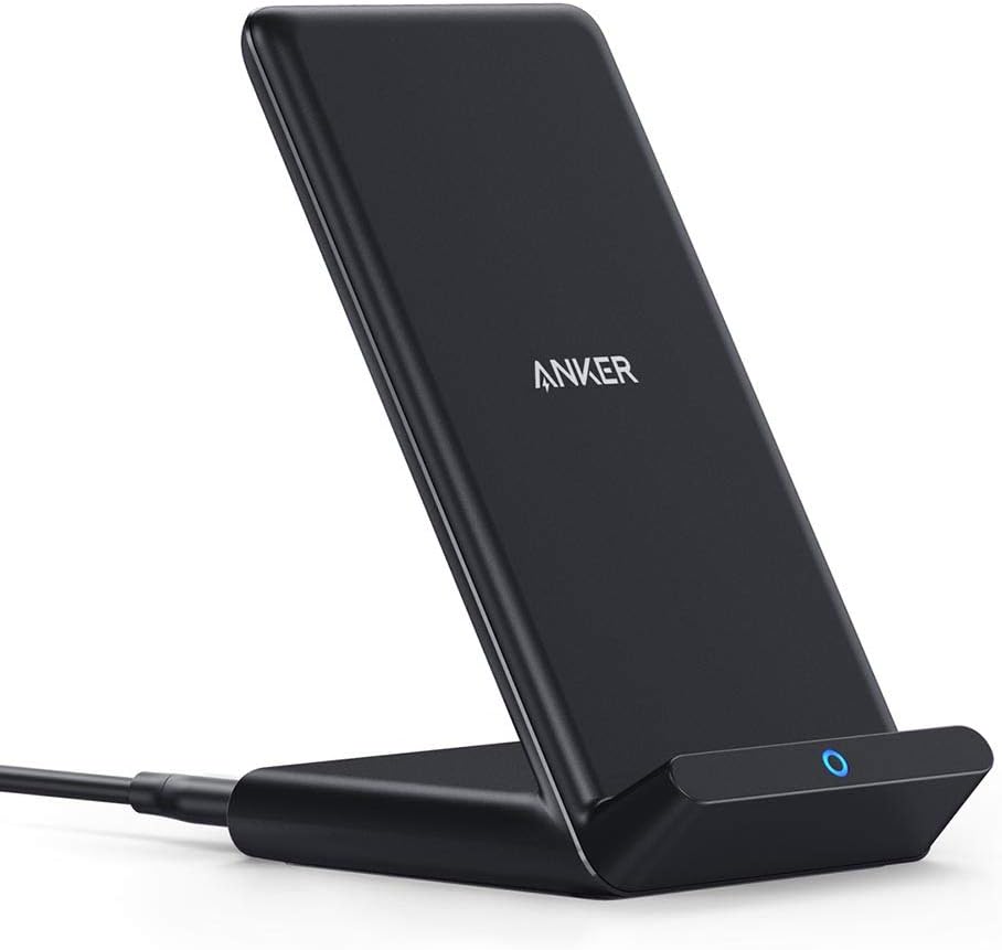 Anker 313 black Qi wireless charger stand with a blue status light