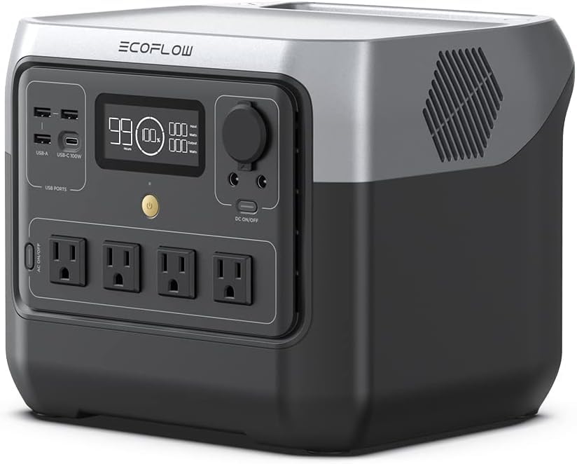 EcoFlow RIVER 2 Pro portable power station in gray with AC outlets and display