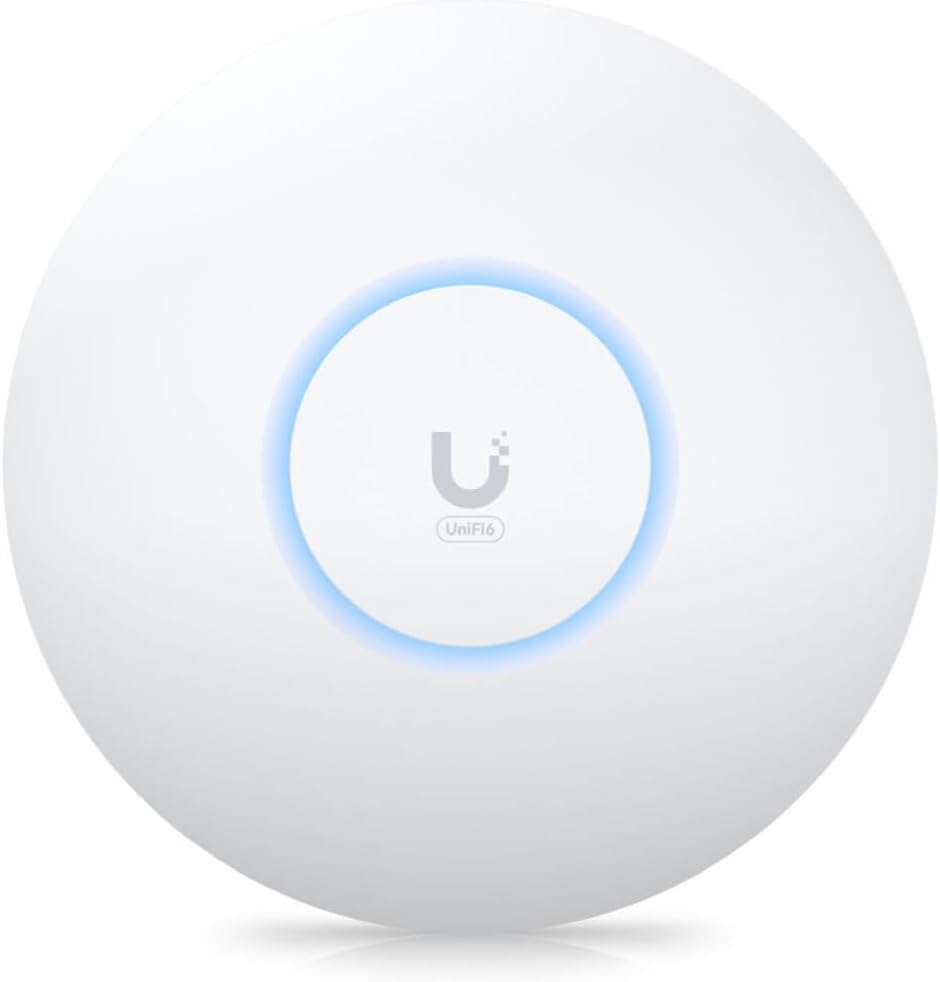 Ubiquiti UniFi U6+ ceiling wireless access point with cyan ring