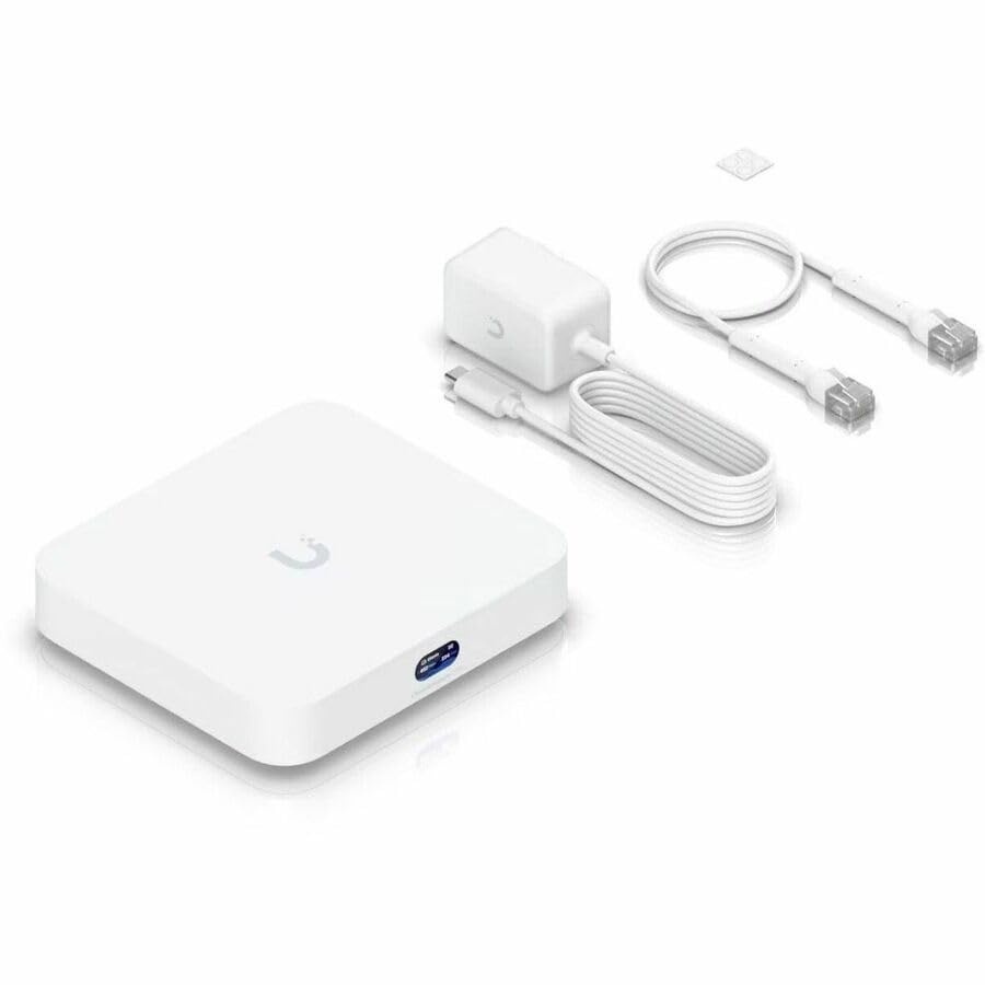 Ubiquiti UniFi Cloud Gateway Ultra compact white gateway with USB-C power adapter and Ethernet cable