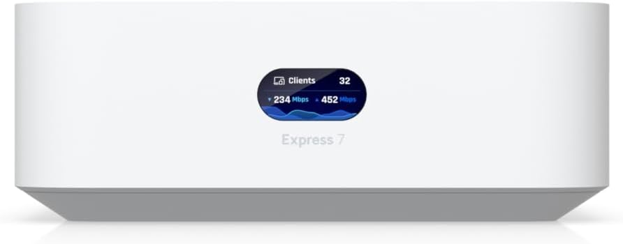 Ubiquiti UniFi Express 7 white desktop gateway with status display