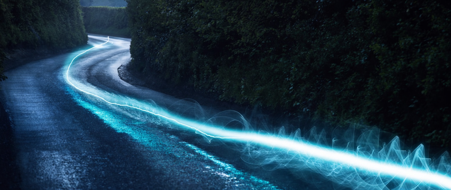 A glowing cyan light tracing a winding road into the distance