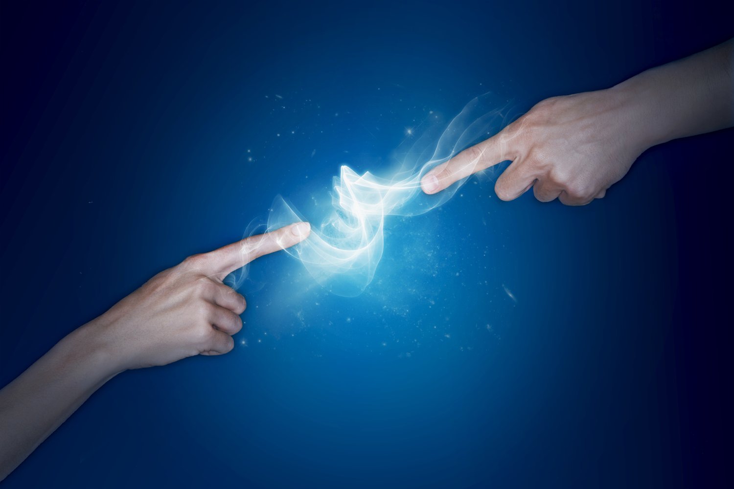 Two hands connecting through a ribbon of light