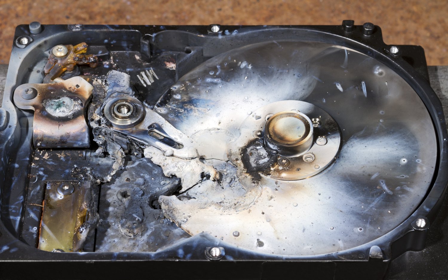 A burned and destroyed hard drive