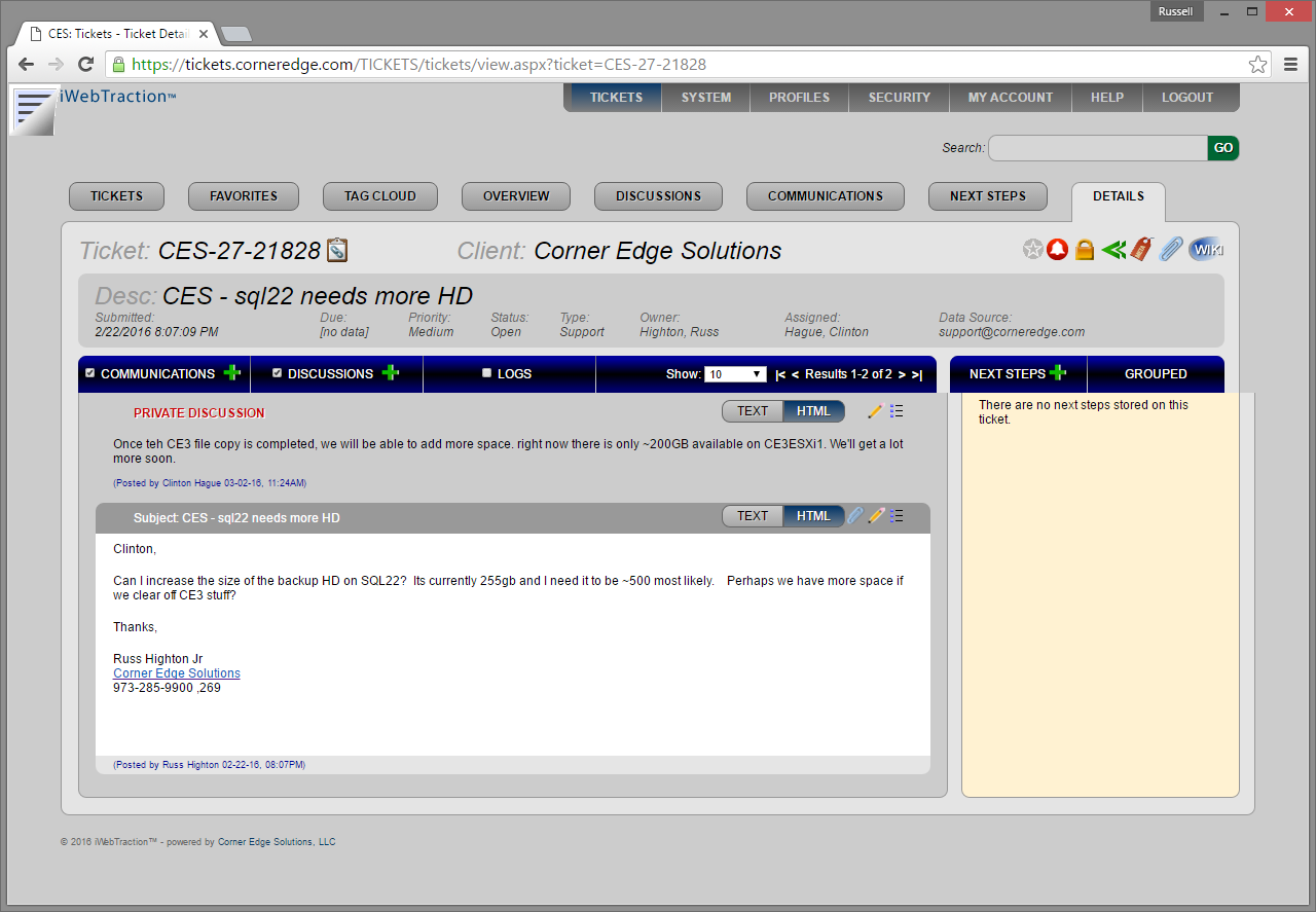 iWebTraction ticket details screen