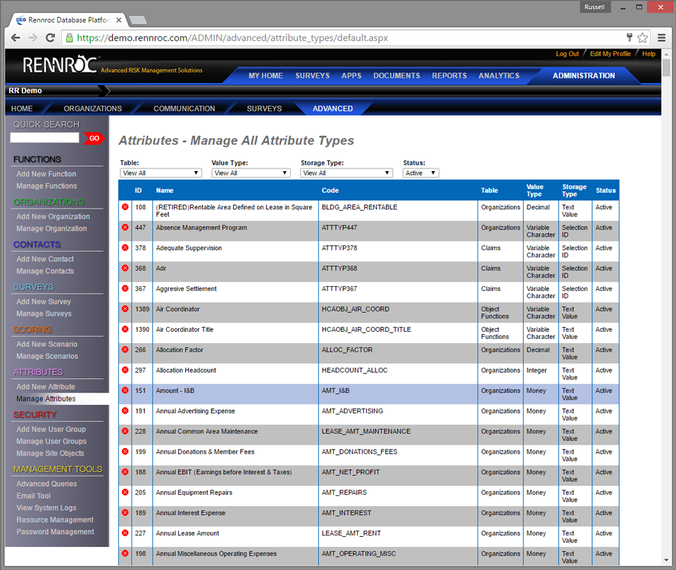 Rennroc attributes screen
