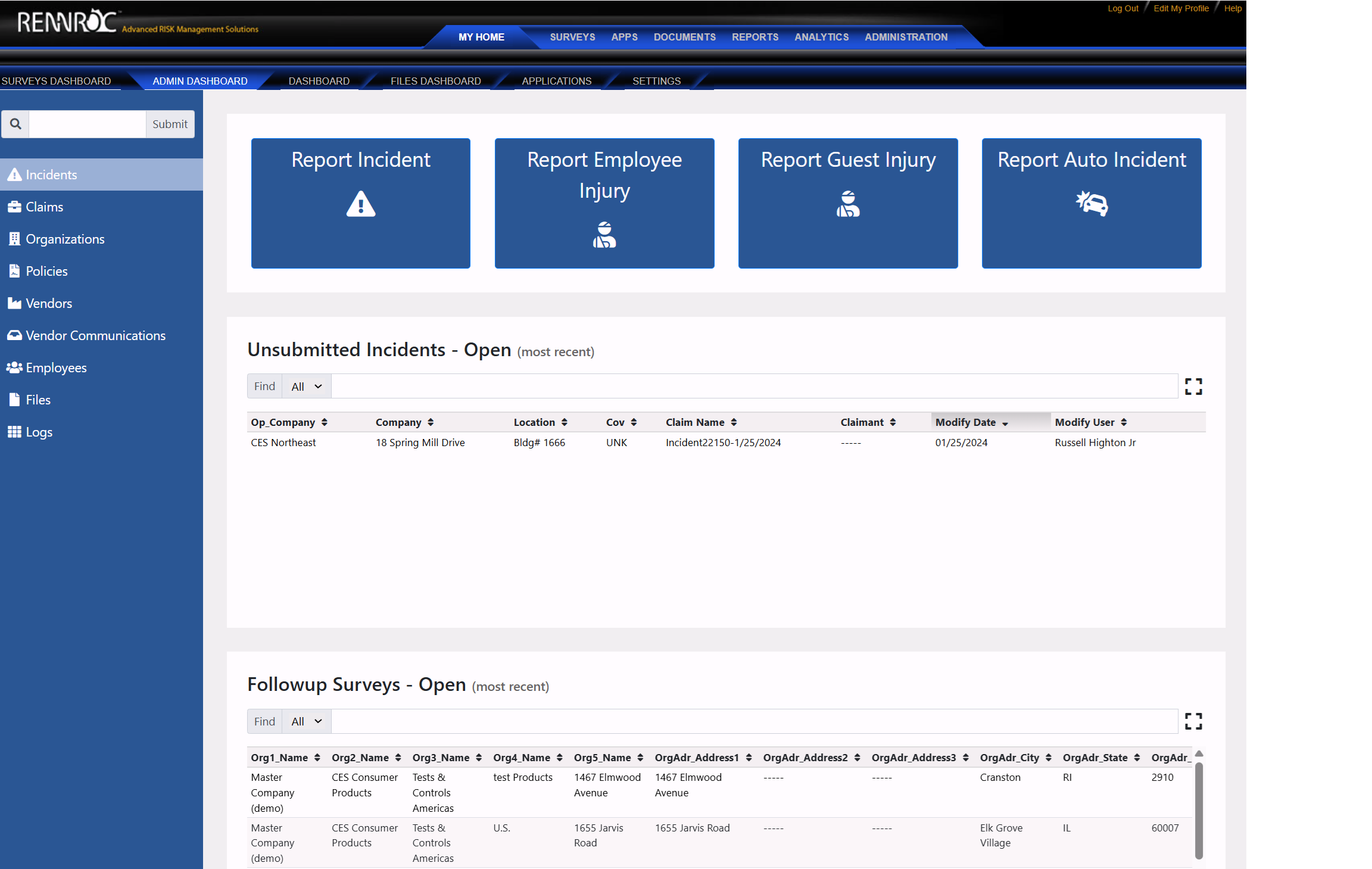 Rennroc incident admin with report tiles and unsubmitted incidents