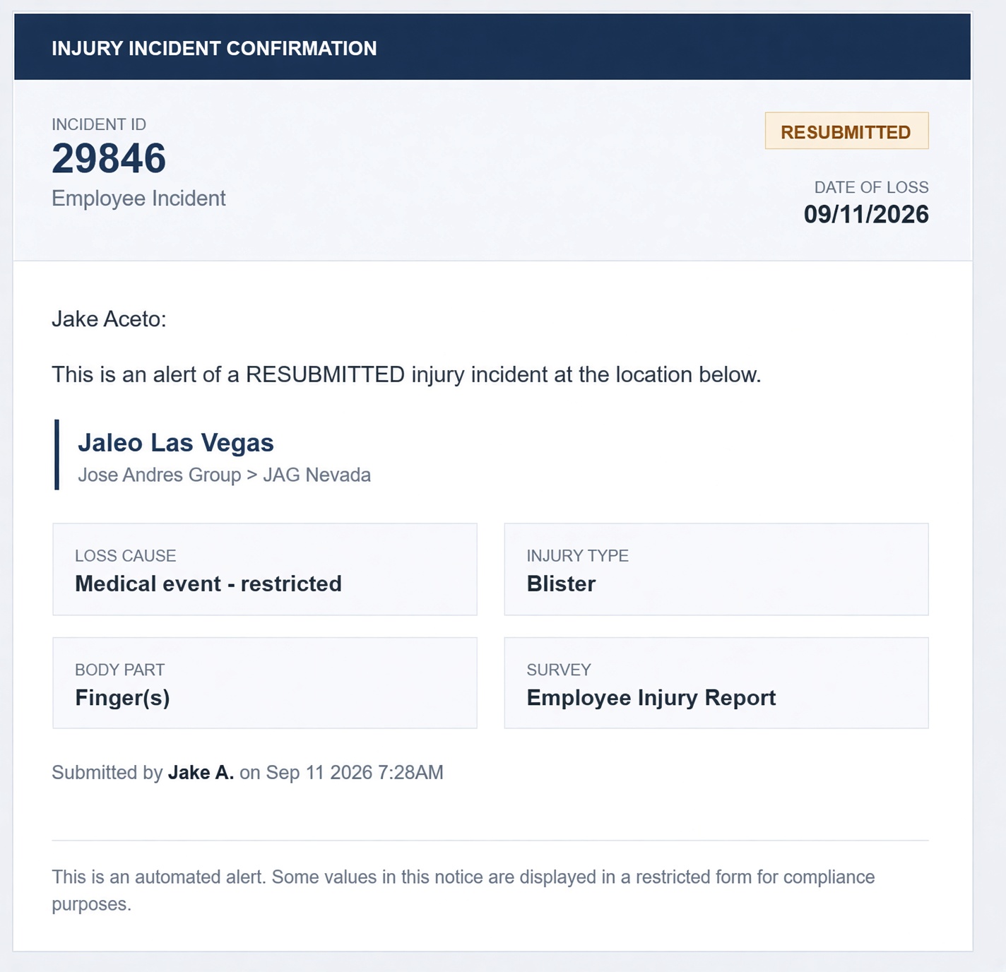 Rennroc injury incident alert email sample