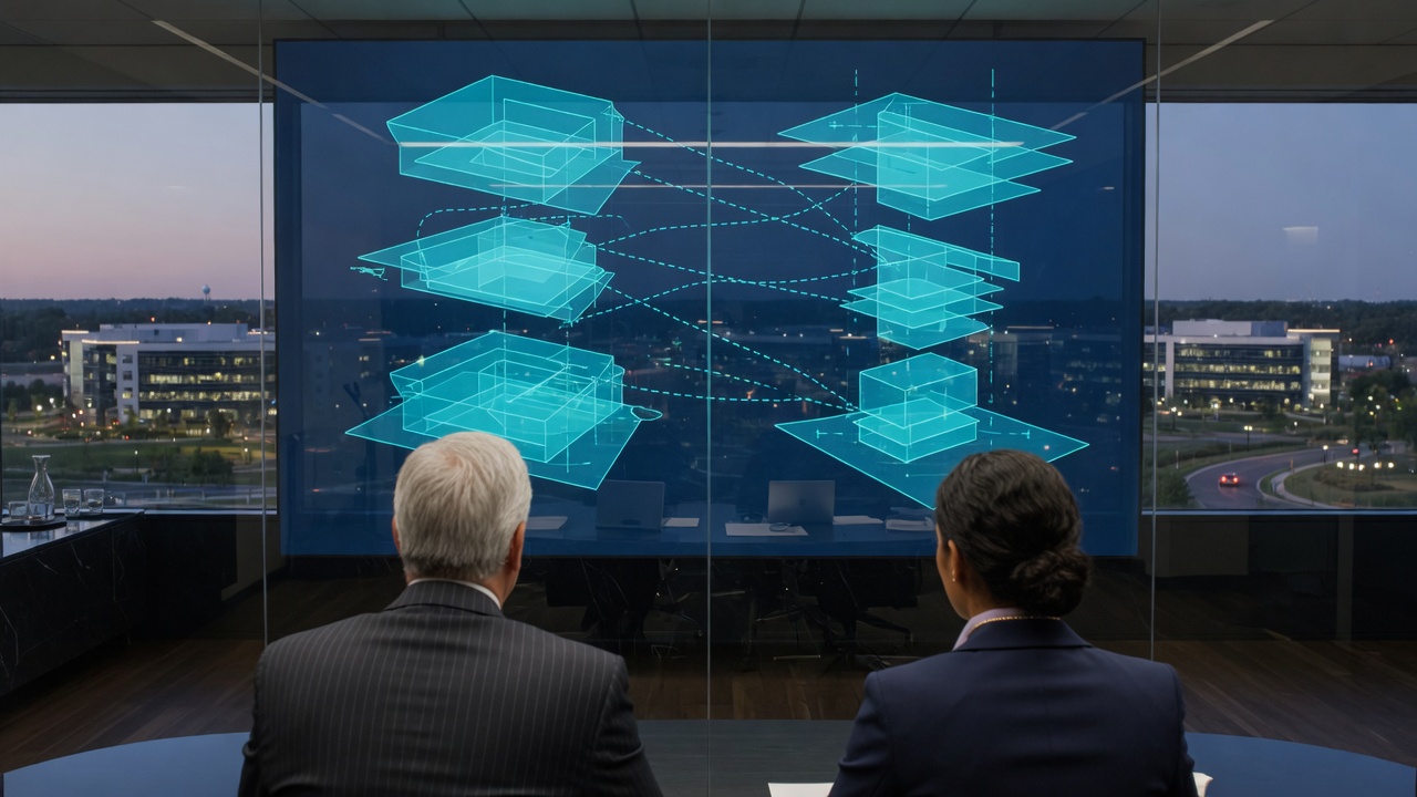 Leaders reviewing a system architecture on a glass display
